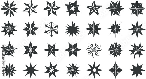 Collection of 25 unique black snowflake designs isolated on transparent background
