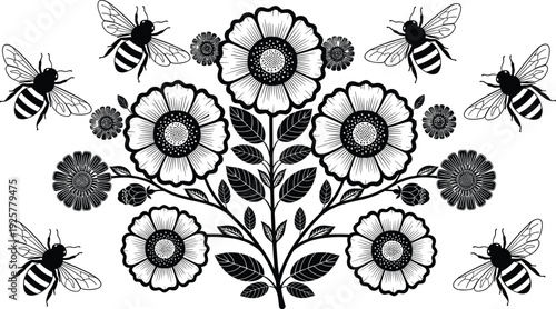 Floral botanical illustration with honey bees and blooming wild flowers featuring hand drawn ink style silhouettes isolated on white background for garden design