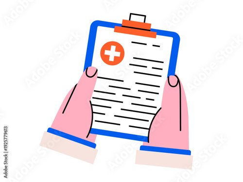 Hand drawn illustration clipboard with medical prescription in doctor hands. Flat vector patient information report in arms doodle. Health care document. Isolated.