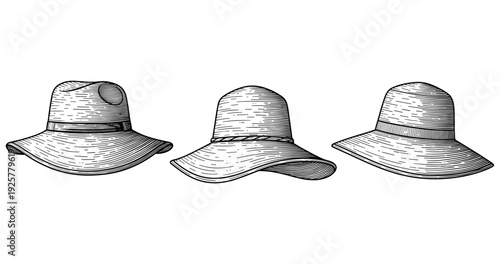 Vintage hand-drawn illustration of three straw hats with ribbons