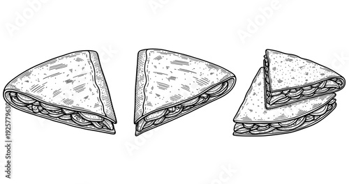 Hand-drawn sketch of folded sandwiches with lettuce and filling