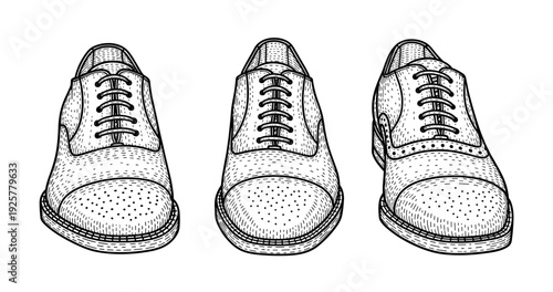 Vintage engraving of three leather dress shoes aligned in a row