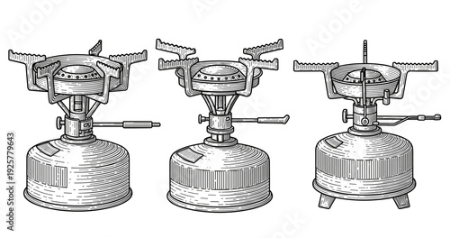 Vintage camping stove set: detailed line art of three classic gas burners