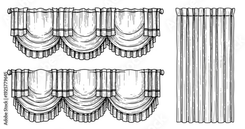 Black and white curtain designs featuring swag and vertical patterns