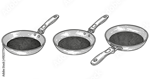 Set of three non-stick frying pans with handles in black and white illustration