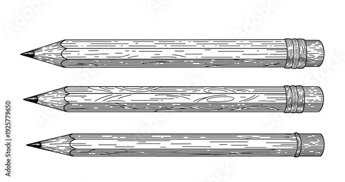 Detailed black and white engravings of three wooden pencils with textured patterns