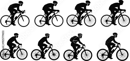 Silhouettes of professional road cyclists and mountain bikers in various riding positions isolated on white background for sports design and cycling competition graphics