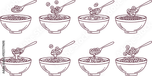 Sequence of pouring cereal into bowls isolated on transparent background