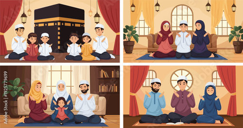 Muslim Family Praying and Supplicating Together at Home and Near Kaaba Flat Vector Illustration Set for Ramadan and Eid Mubarak Greeting