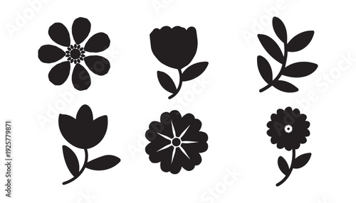 Flower And Leaf Silhouette Clipart Set, Botanical Floral Vector Bundle.