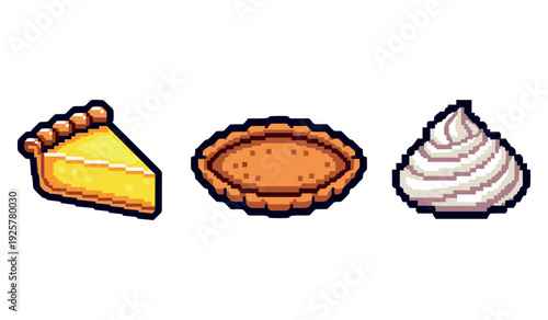 Pixel art desserts: lemon pie, chocolate tart, and whipped cream