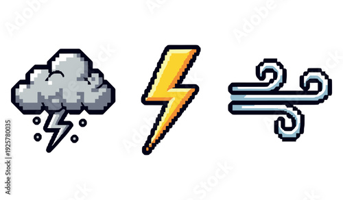 Pixel art lightning, thunderstorm cloud, and wind symbols on white background