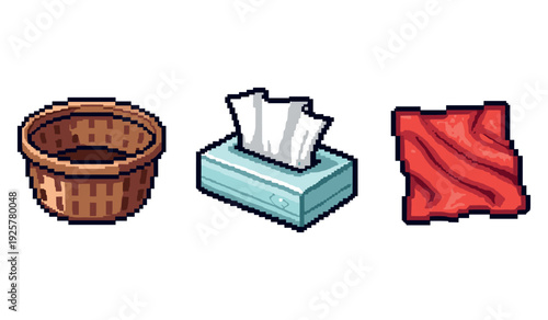 Pixel art: trash bin, tissue box, red cloth illustration