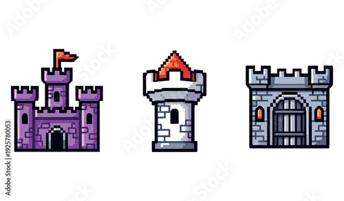 Pixel art castles with towers and gatehouse