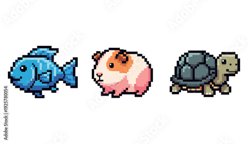 Pixel art: cartoon fish, guinea pig, and turtle characters