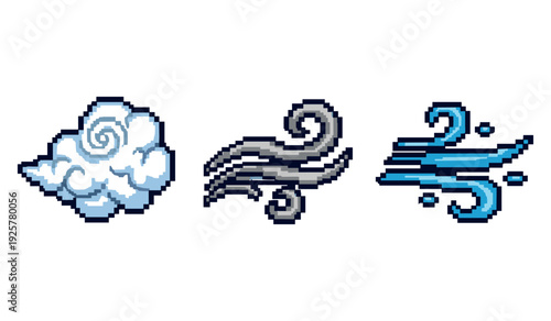 Pixel art designs: cloud, wind gust, and swirling breeze icons