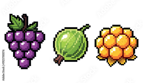 Pixel art fruits: purple grapes, green gooseberry, yellow cloudberry