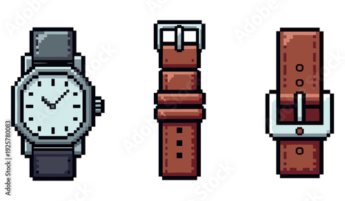 Pixel art watch with interchangeable straps and buckles