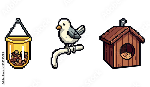 Pixel art bird feeder, white bird, and wooden birdhouse