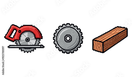 Pixel art: circular saw, blade, wooden log on white background