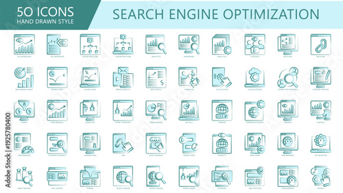 Search Engine Optimization dual tone color, hand drawn icon pack. contain algorithm, analytics, audience, target, rate, brand identity, web and more. Vector EPS 10 for UI, UX, web and app development