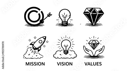 Mission Vision Values Business Strategy Icons Set, isolated PNG transparent background.