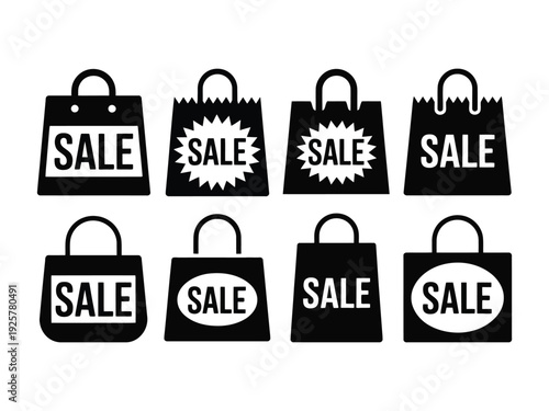 Eight black shopping bags display various sale.
