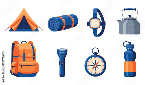 Camping and hiking essentials: tent, backpack, sleeping bag, kettle, flashlight, compass, water bottle