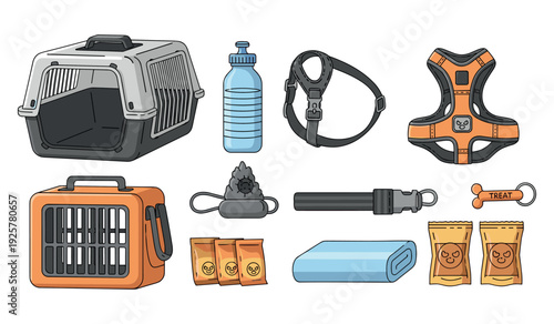 Essential dog accessories: carrier, water bottle, harness, leash, treats, blanket for travel and training