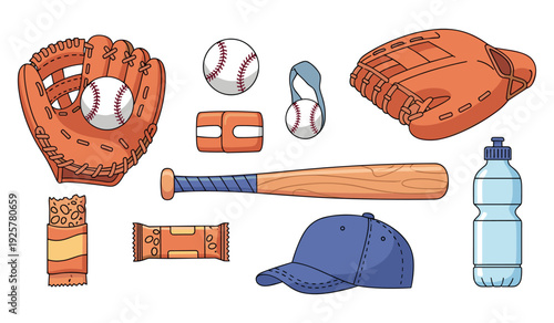 Baseball equipment set featuring glove, bat, ball, cap, and energy snacks