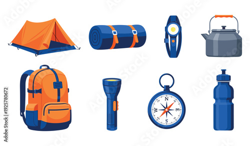 Camping gear essentials: tent, backpack, flashlight, kettle, compass, water bottle
