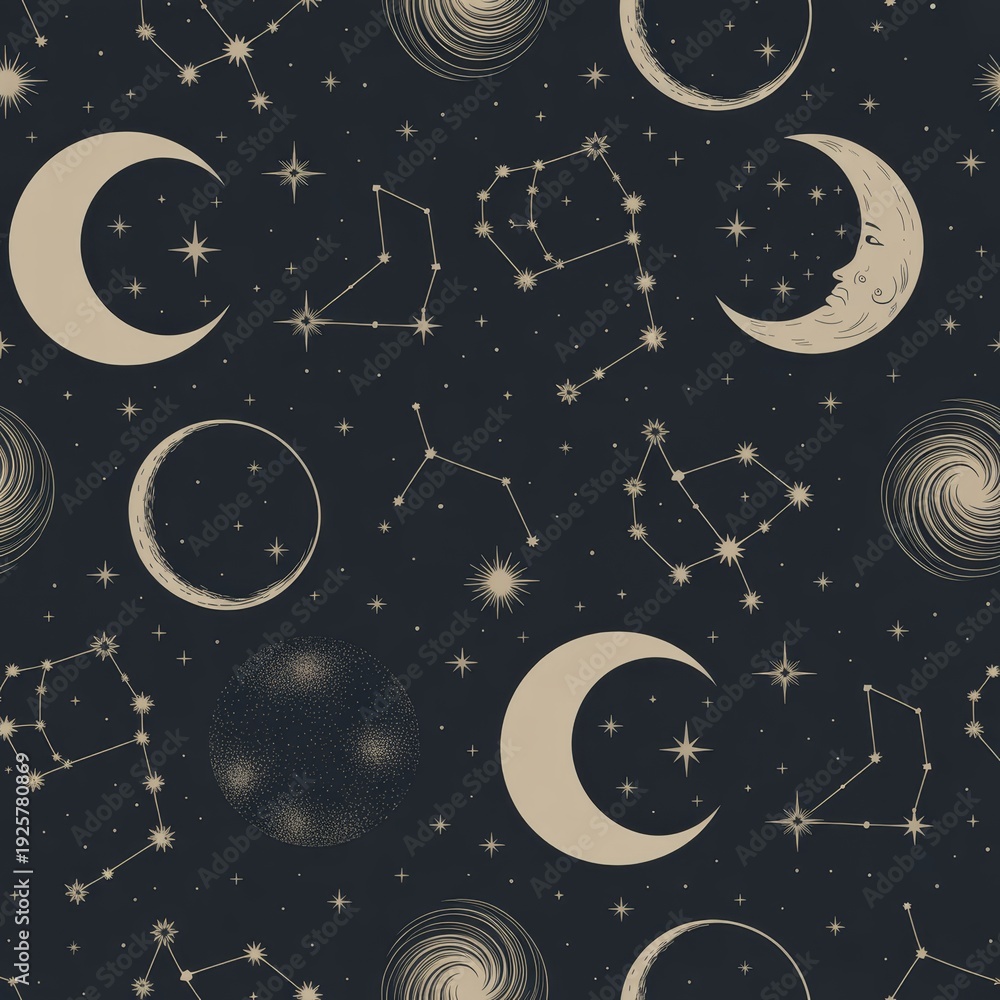 Naklejka premium Celestial objects and constellations form a seamless pattern.