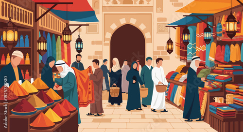 Modern vector illustration of traditional Arabic marketplace with spice stalls, textiles and lanterns, diverse people shopping and socializing, vibrant cultural daily life and heritage city scene