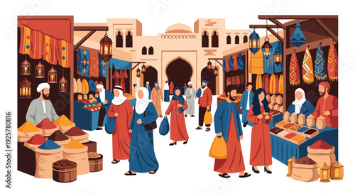 Modern vector illustration of traditional Arabic marketplace with spice stalls, textiles and lanterns, diverse people shopping and socializing, vibrant cultural daily life and heritage city scene