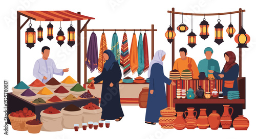 Modern vector illustration of traditional Arabic marketplace with spice stalls, textiles and lanterns, diverse people shopping and socializing, vibrant cultural daily life and heritage city scene