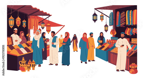 Modern vector illustration of traditional Arabic marketplace with spice stalls, textiles and lanterns, diverse people shopping and socializing, vibrant cultural daily life and heritage city scene