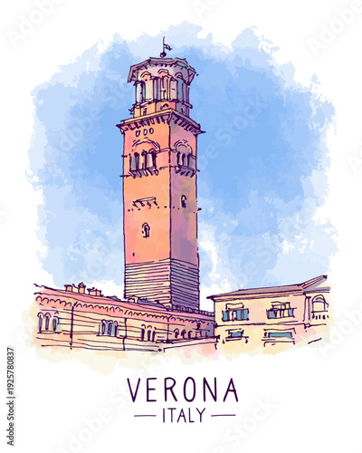 Architecture sketch illustration. An urban colorful landscape of Verona, northern Italy. Freehand digital drawing of featuring a tall bell tower. Hand drawn postcard. Watercolor background. Vector