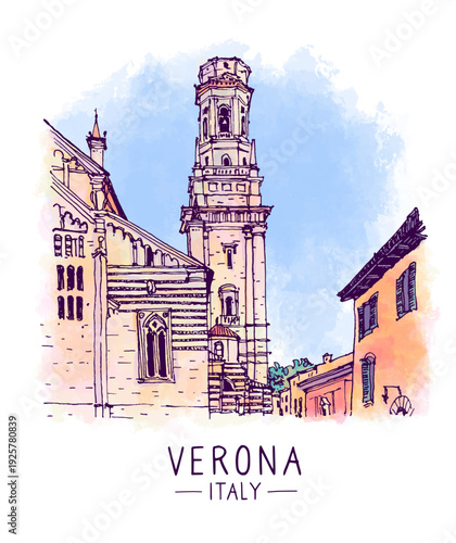 Architecture sketch illustration. An urban colorful landscape of Verona, northern Italy,. Freehand digital drawing of featuring a tall bell tower. Hand drawn postcard. Watercolor background. Vector