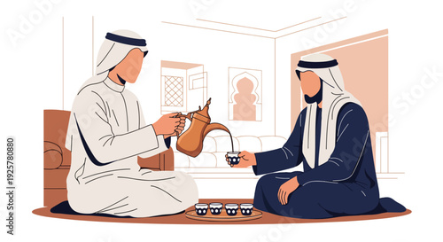 Modern vector illustration of Arabic coffee ceremony with dallah pot and cups served to guest in traditional living room representing hospitality, respect and cultural tradition