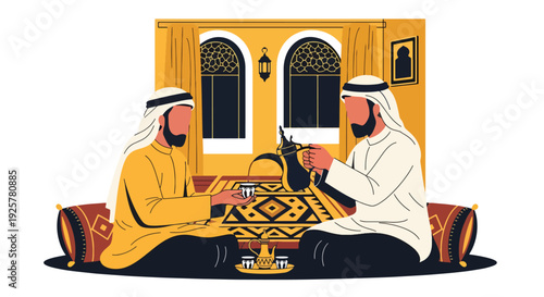 Modern vector illustration of Arabic coffee ceremony with dallah pot and cups served to guest in traditional living room representing hospitality, respect and cultural tradition