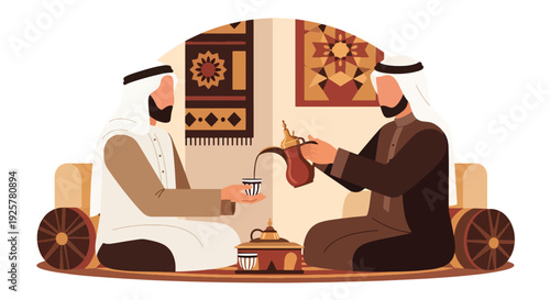 Modern vector illustration of Arabic coffee ceremony with dallah pot and cups served to guest in traditional living room representing hospitality, respect and cultural tradition