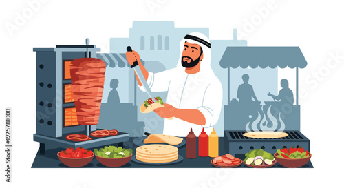 Modern vector illustration of Arabic street food vendor preparing traditional wrap and flatbread at market stall representing culinary culture, local business and daily life