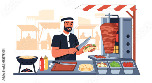 Modern vector illustration of Arabic street food vendor preparing traditional wrap and flatbread at market stall representing culinary culture, local business and daily life