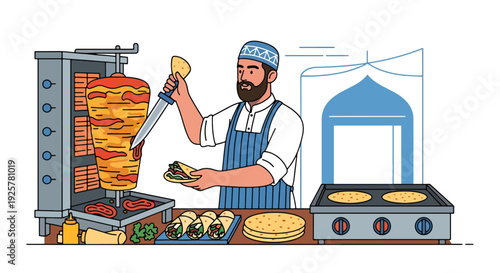 Modern vector illustration of Arabic street food vendor preparing traditional wrap and flatbread at market stall representing culinary culture, local business and daily life