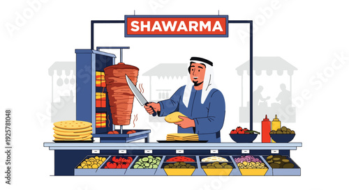 Modern vector illustration of Arabic street food vendor preparing traditional wrap and flatbread at market stall representing culinary culture, local business and daily life
