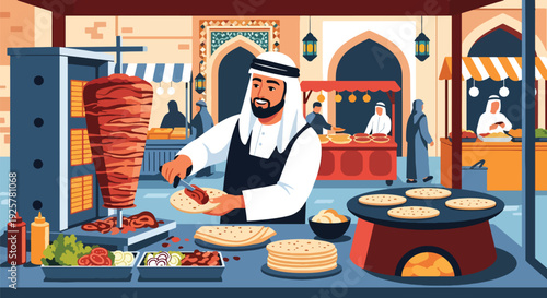 Modern vector illustration of Arabic street food vendor preparing traditional wrap and flatbread at market stall representing culinary culture, local business and daily life
