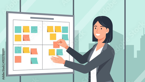 Businesswoman organizing sticky notes on office board in modern workspace