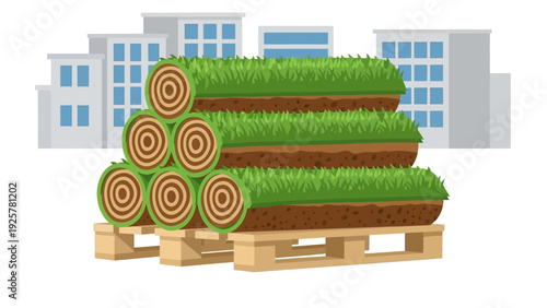 Eco-friendly turf rolls on wooden pallet with urban skyline backdrop