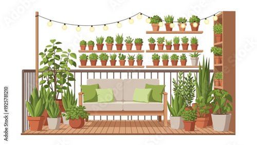 Cozy balcony garden with potted plants and string lights in a relaxed urban setting