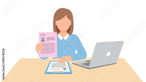 Flat design job interview scene with woman reviewing resume and using laptop